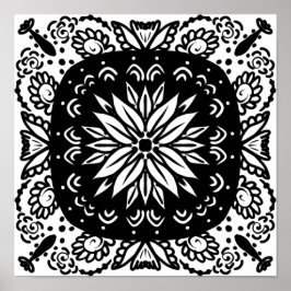 Poster Arte Mandala Desenhada à Mão Preto Branco