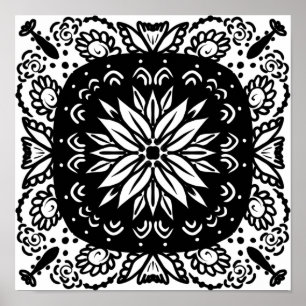 Poster Arte Mandala Desenhada à Mão Preto Branco