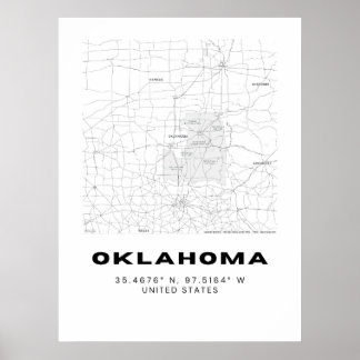 Poster Arte Map Minimalista de Oklahoma - Preto e Branco