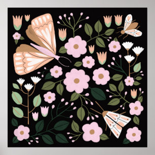 Poster Arte-mariposa-marijuana-negra-rosa-boho