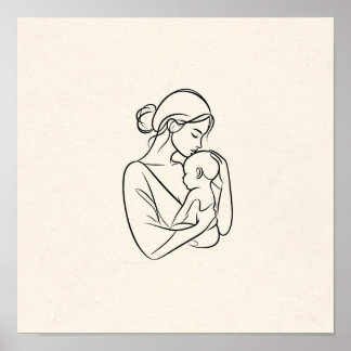 Poster Arte Minimalista de Linha de Mãe e Bebê