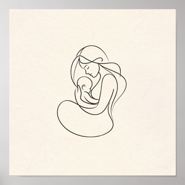 Poster Arte Minimalista de Linha de Mãe e Bebê (Frente)