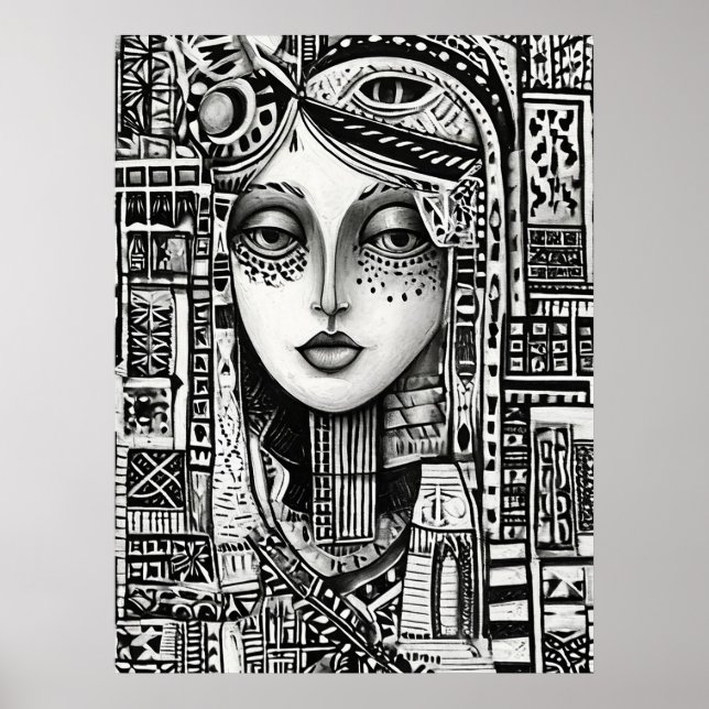 Poster Arte Minimalista de Linha de Rosto Preto e Branco  (Frente)