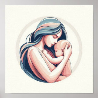 Poster Arte Minimalista Pastel de Mãe com Bebê