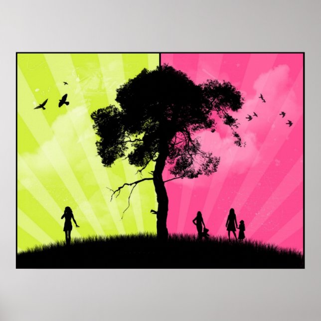 Póster Arte Moderna - Céu Verde e Rosa com Árvore (Frente)