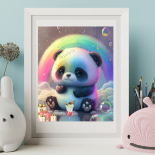 Poster Arte Moderna de Berçário Colorida com Panda Fofo e