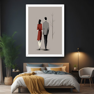 Póster Arte Moderna de Casal Minimalista Caminhando Junto