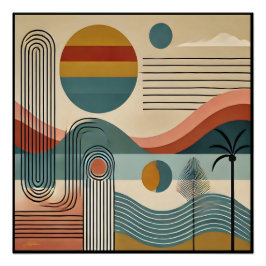 Póster Arte Moderna de Meados do Século Pôr do Sol na Pra