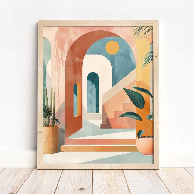 Poster Arte Moderna de Parede em Arco Boho Mediterrâneo (Modern Mediterranean Boho Arch Wall Art Print in a neutral wooden frame on the floor)