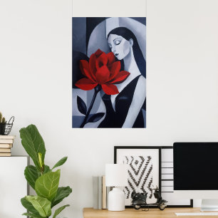 Poster Arte Moderna Mulher com Flor Rosa Vermelha Retrato