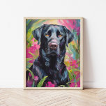Poster Arte Moderna Retrato do Laboratório Negro<br><div class="desc">Um retrato surpreendente de arte moderna de um laboratório negro colocado contra um fundo abstrato rosa e verde do jardim floral. A silhueta escura do cão contrasta lindamente com as cores vibrantes e giratórias do jardim, misturando a natureza e o animal num estilo expressivo e contemporâneo. As pinceladas de abstrato...</div>