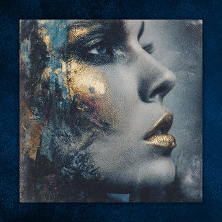 Poster Arte Moderna Retrato Dramático Dourado Turquesa Ou