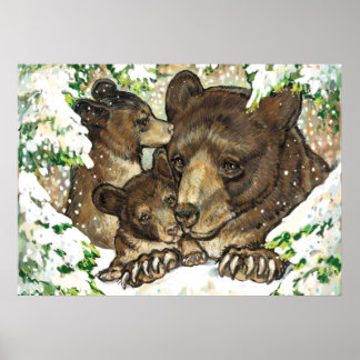 Poster Arte Negra Ursa Negra de Inverno Mãe e Filhos