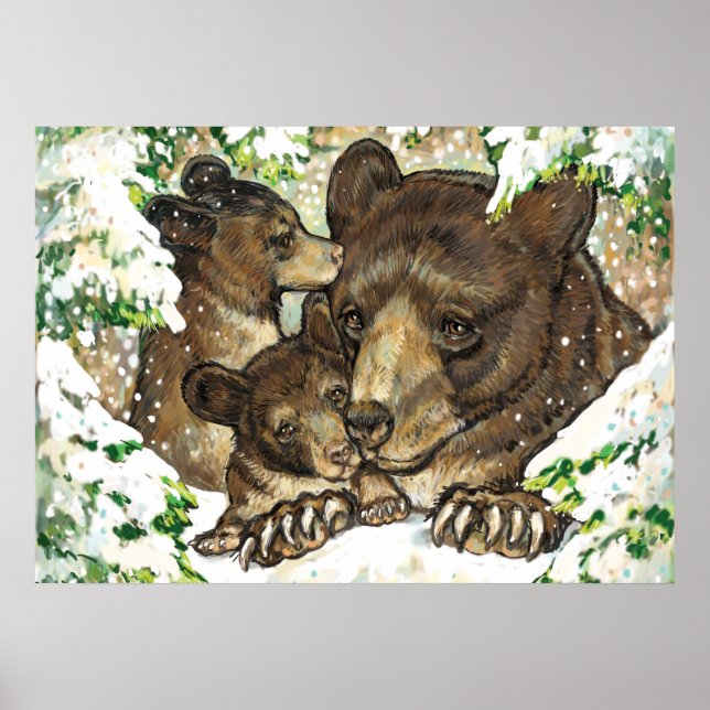 Poster Arte Negra Ursa Negra de Inverno Mãe e Filhos (Frente)