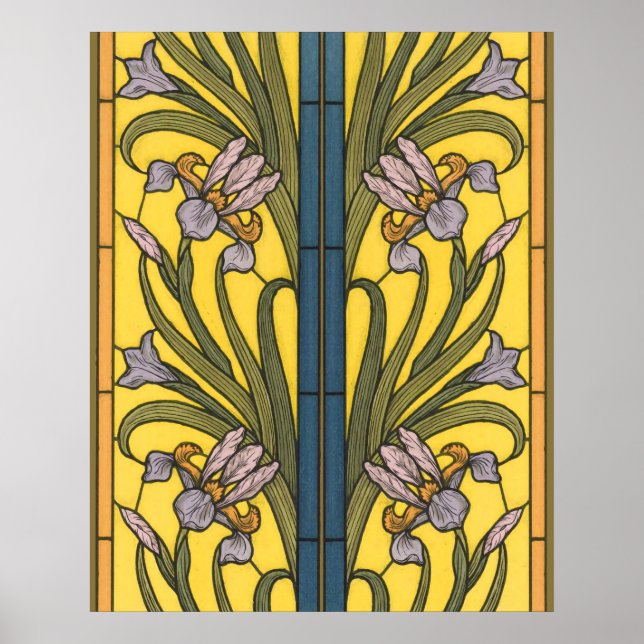 Poster Arte Nouveau Flor de Íris Vidro Pintado Azul Doura (Frente)