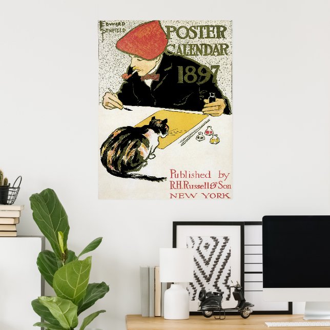 Poster Arte Nova Antiga, Artista Pintando com Gato de Est (Escritório em casa)