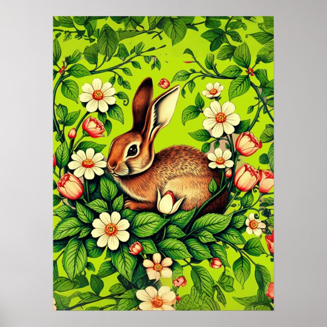 Poster Arte Nova Lebre Selvagem e Flores (Frente)