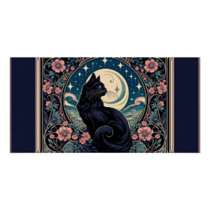 Póster Arte Novo Gato Preto Místico