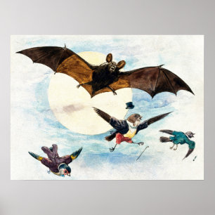 Poster Arte Novo Vintage Morcego & Aves Vestidas Luar