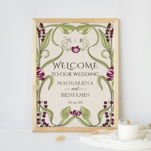 Poster Arte Novo Vintage Rosa Borgonha Floral Bem-vindo