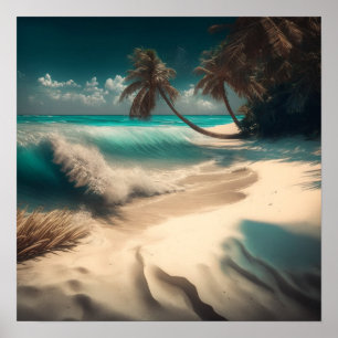 Poster Arte Oceânica   Ondas da Praia e Palmeiras Tropica