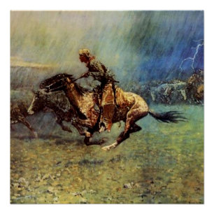 Póster Arte Ocidental de Frederic Remington “A Estampida”