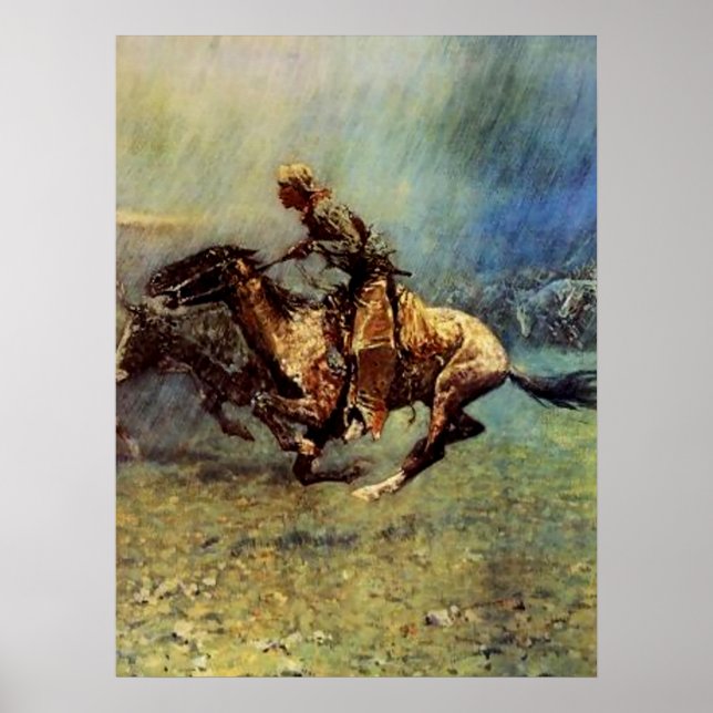 Póster Arte Ocidental de Frederic Remington “A Estampida” (Frente)