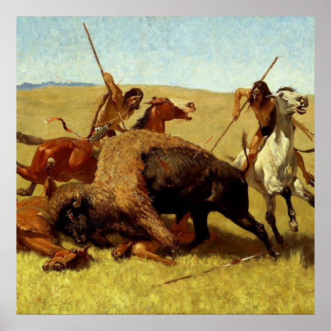 Poster Arte Ocidental de Frederic Remington “Caça ao Búfa (Frente)
