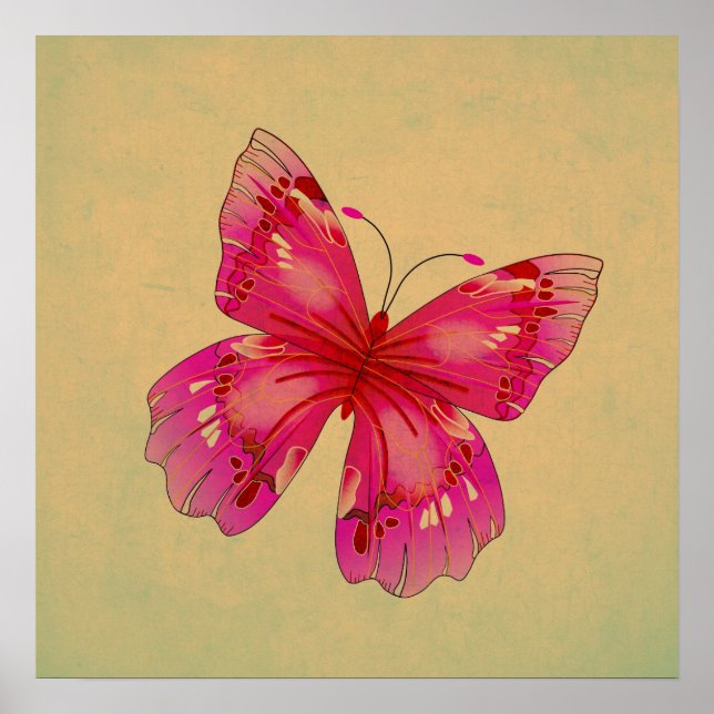 Póster Arte oriental da borboleta rosa-vintage (Frente)