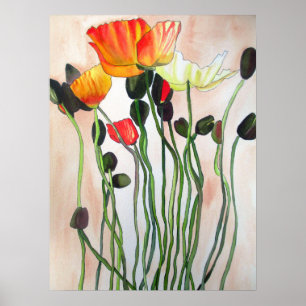 Póster Arte original da flor do watercolour das papoilas