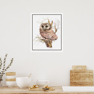 Poster Arte Original de Aquarela de Coruja Bebê