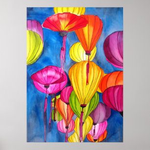 Poster Arte original do watercolour das lanternas