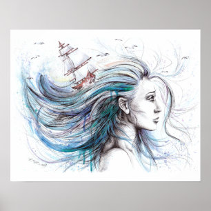 Póster Arte original surreal da menina dos oceanos por