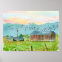 Arte Paisagem das Aves do Sol Vermelho Barn Waterc