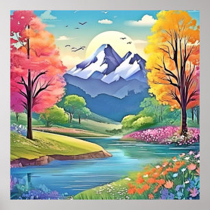 Poster Arte paisagística do rio Montanha