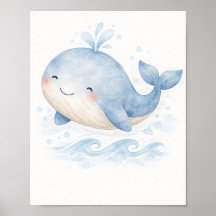 Arte para parede de berçário de baleia em aquarela
