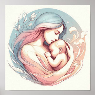 Poster Arte Pastel Minimalista de Mãe com Bebê