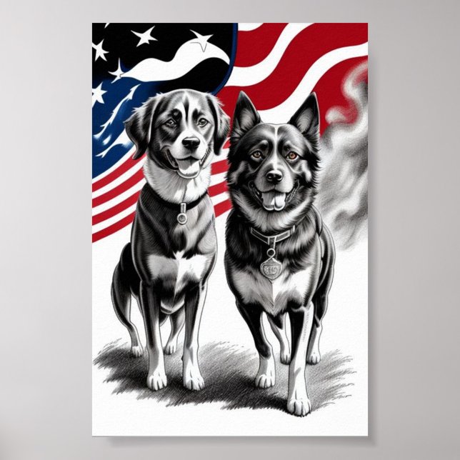 Poster Arte Patriótica de Dois Cães com Bandeira  ("Patriotic Pickup for Dog Lover's")