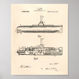 Póster Arte Peper velho da patente do submarino 1919