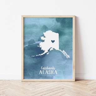 Poster Arte personalizada do mapa de Alaska aguarela azul