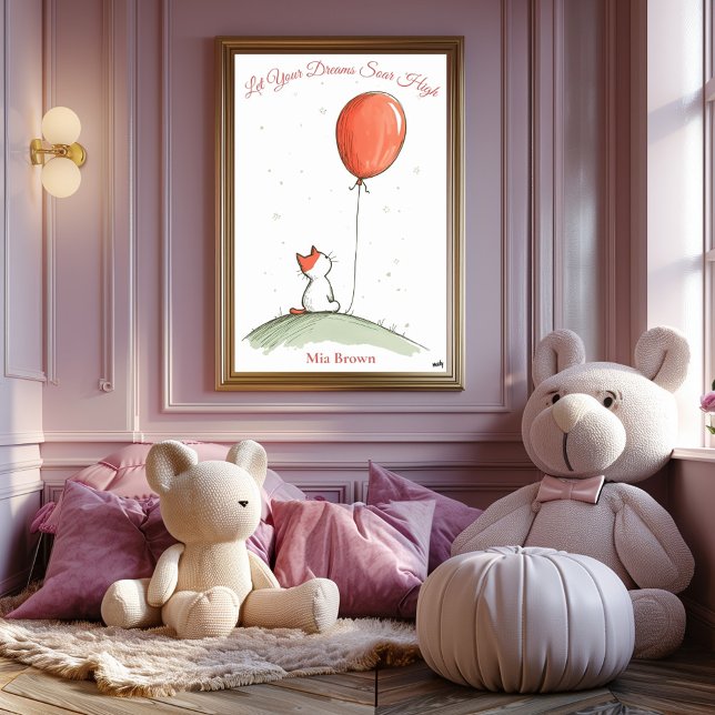 Póster Arte Personalizada para Berçário – Gato com Balão  (Criador carregado)