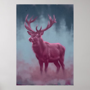 Poster Arte Pintura Veado Magenta na Floresta Azul