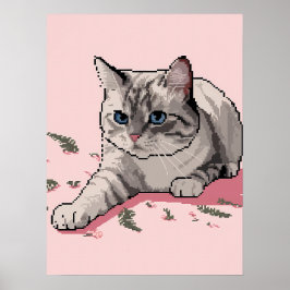 Poster Arte Pixel de Cinza Ragdola Gato com Olhos Azuis