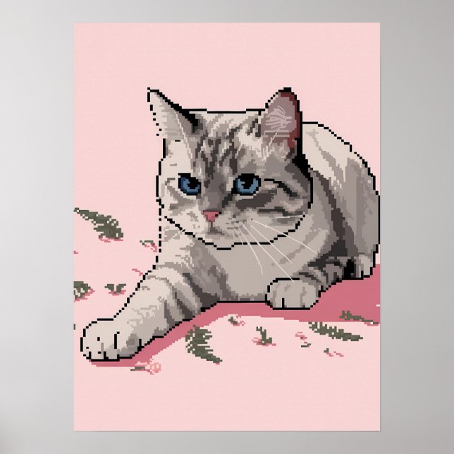 Poster Arte Pixel de Cinza Ragdola Gato com Olhos Azuis (Frente)