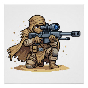 Póster Arte Pixel Sniper Tático Soldado Deserto Militar