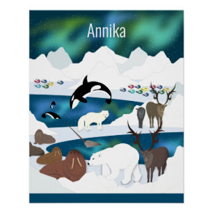 Póster Arte Polar Árctica Reindeer Walrus Orca Narwhal Fo