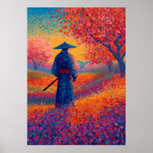 Poster Arte Pontilhista de Samurai e Flor de Cerejeira