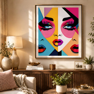 Poster Arte Pop Colorida Bela Face de Mulheres Abstratas