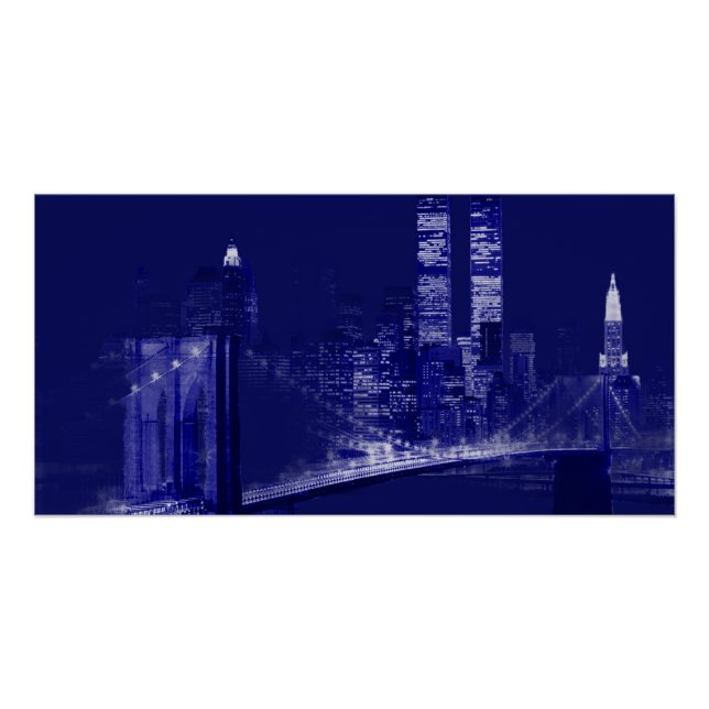 Póster Arte Pop Noturno Azul da Cidade de Nova York (Frente)