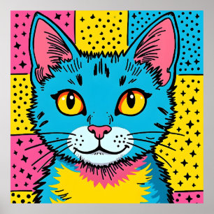 Poster Arte Pop Retro dos Anos 80 Gato Azul